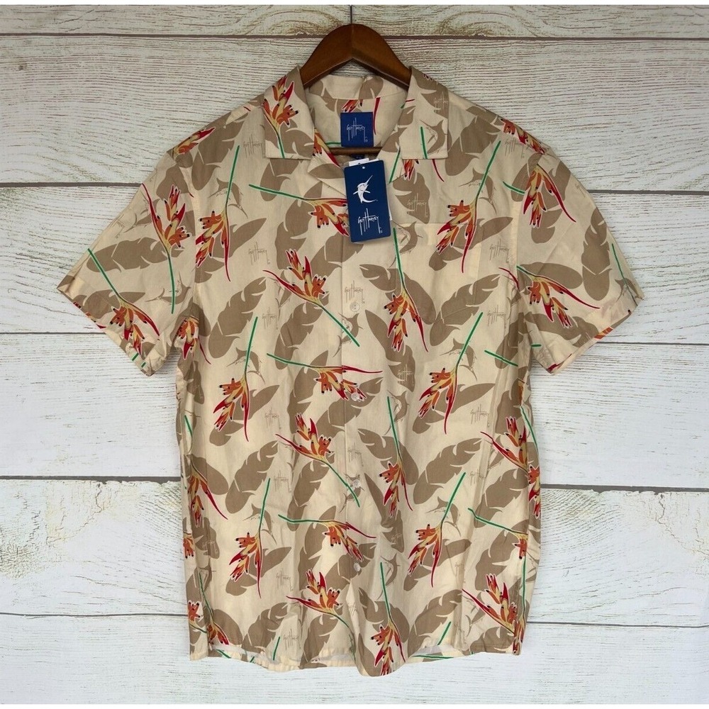 Guy Harvey Shirt Mens Medium Birds of Paradise Cotton Button Front Shirt New